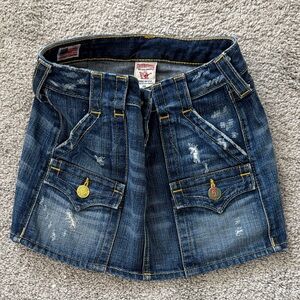 True Religion Distressed Dark Blue Denim Mini Skirt